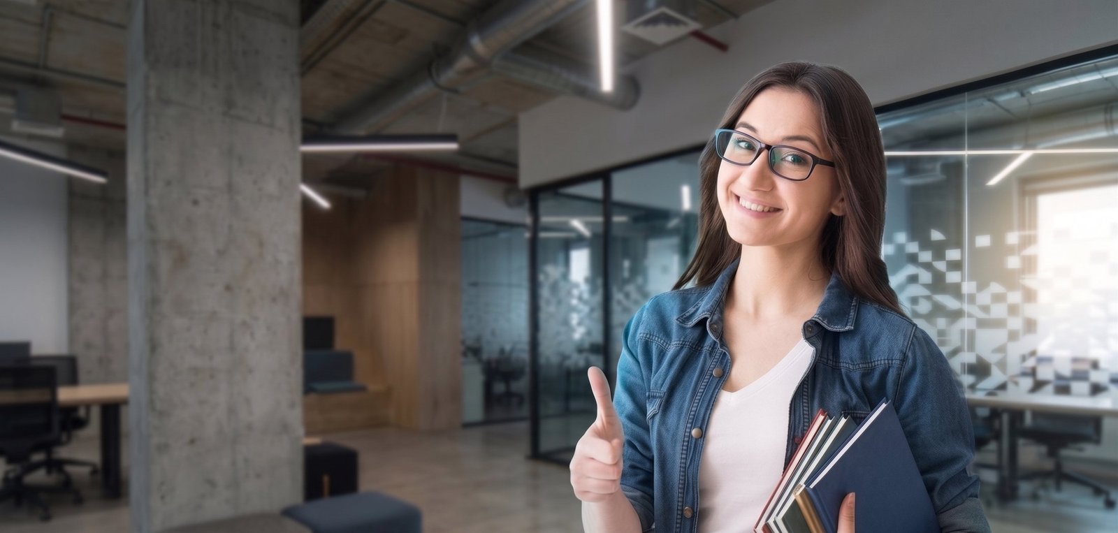Smiling Smart Digital Academy student with glasses holding books in a modern office